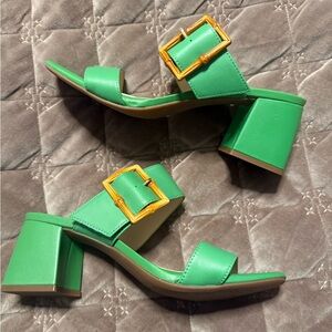 Green Block Heel Sandals with Gold Buckle